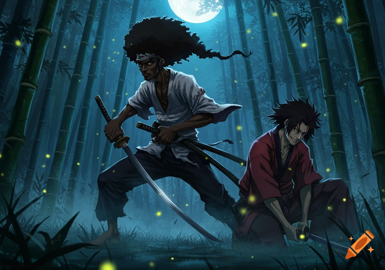 Two samurai, one with a large afro, stand ready for battle in a moonlit bamboo forest, anime style.