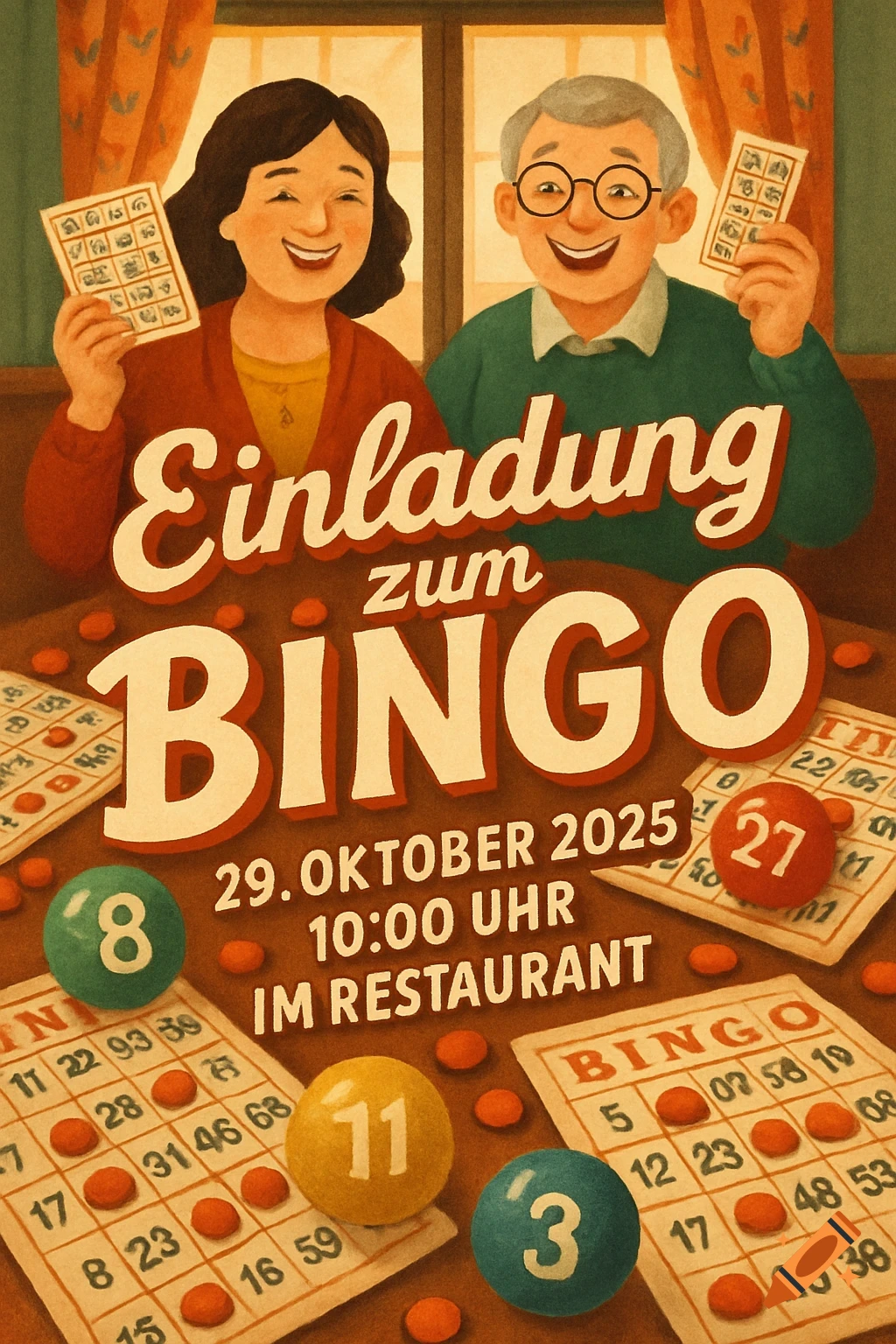 A colorful illustration of a Bingo invitation poster, featuring two smiling elderly people holding bingo cards. Bingo balls and cards are scattered on a table below the text, which reads "Einladung zum BINGO" (Invitation to Bingo), with a date, time, and location.