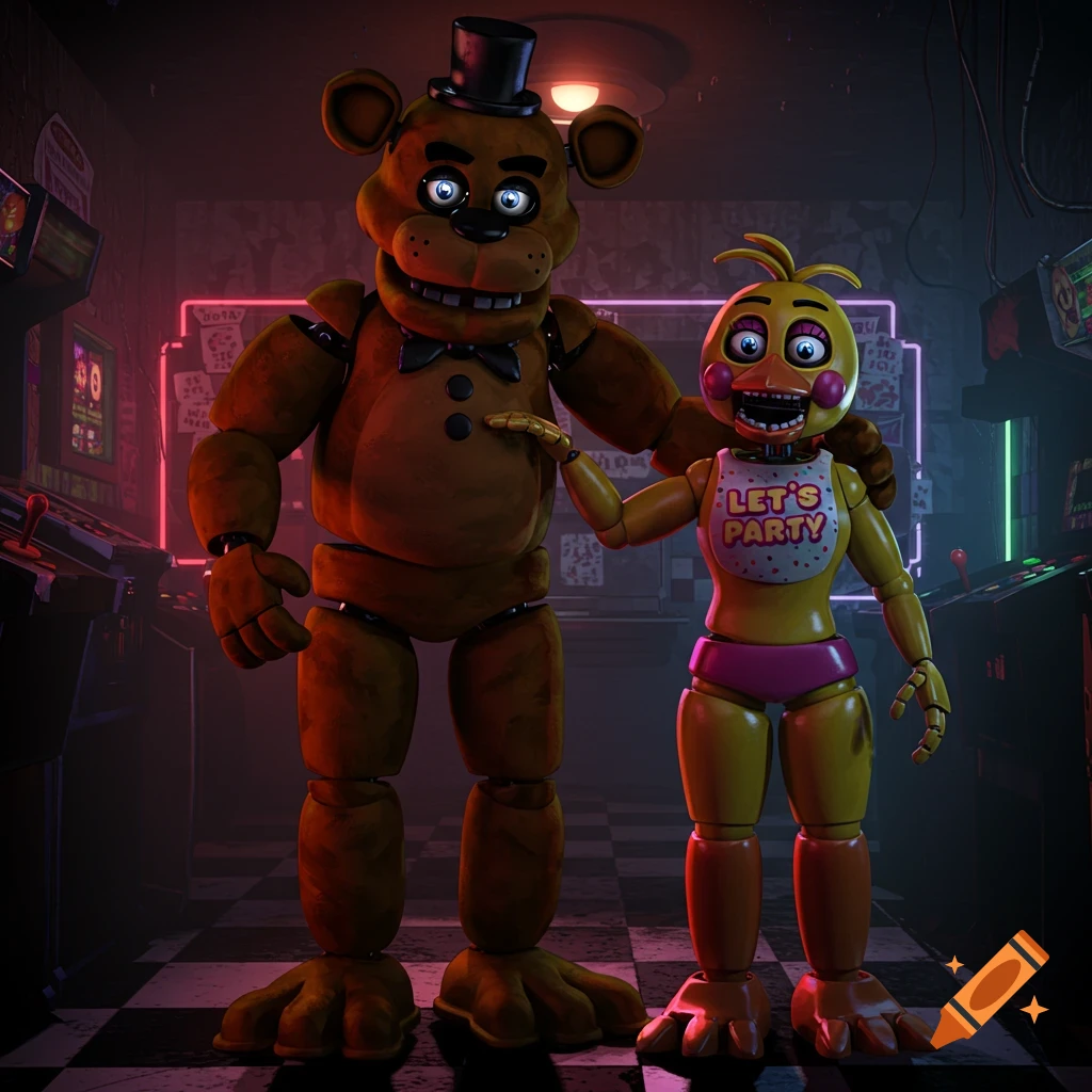 Freddy Fazbear, a brown bear animatronic, stands next to Toy Chica, a yellow chicken animatronic with a 'LET'S PARTY' bib, in a dark arcade.