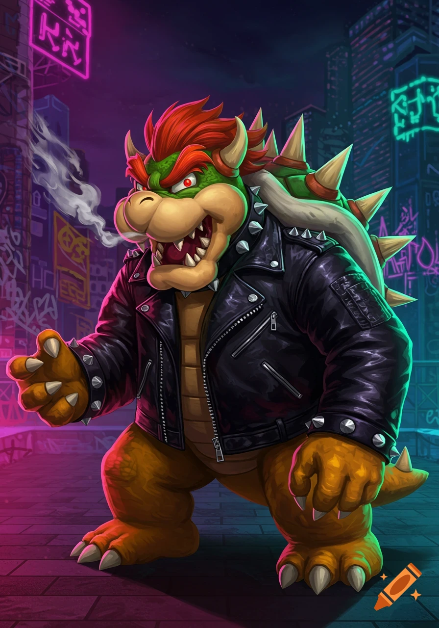 Bowser in a black leather jacket, smoking, against a neon-lit cyberpunk city background at night. Digital art.