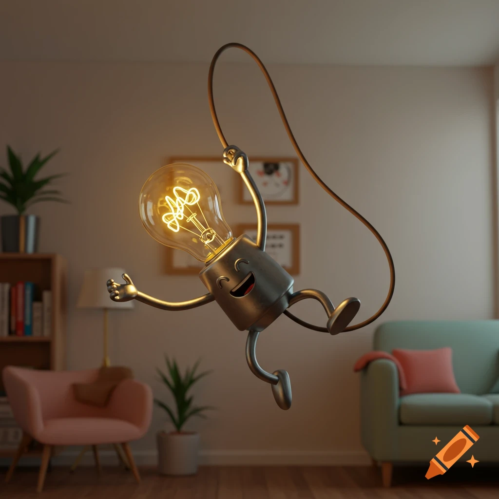 A happy, glowing cartoon lightbulb character with arms and legs swings from a cord in a cozy, softly lit living room.