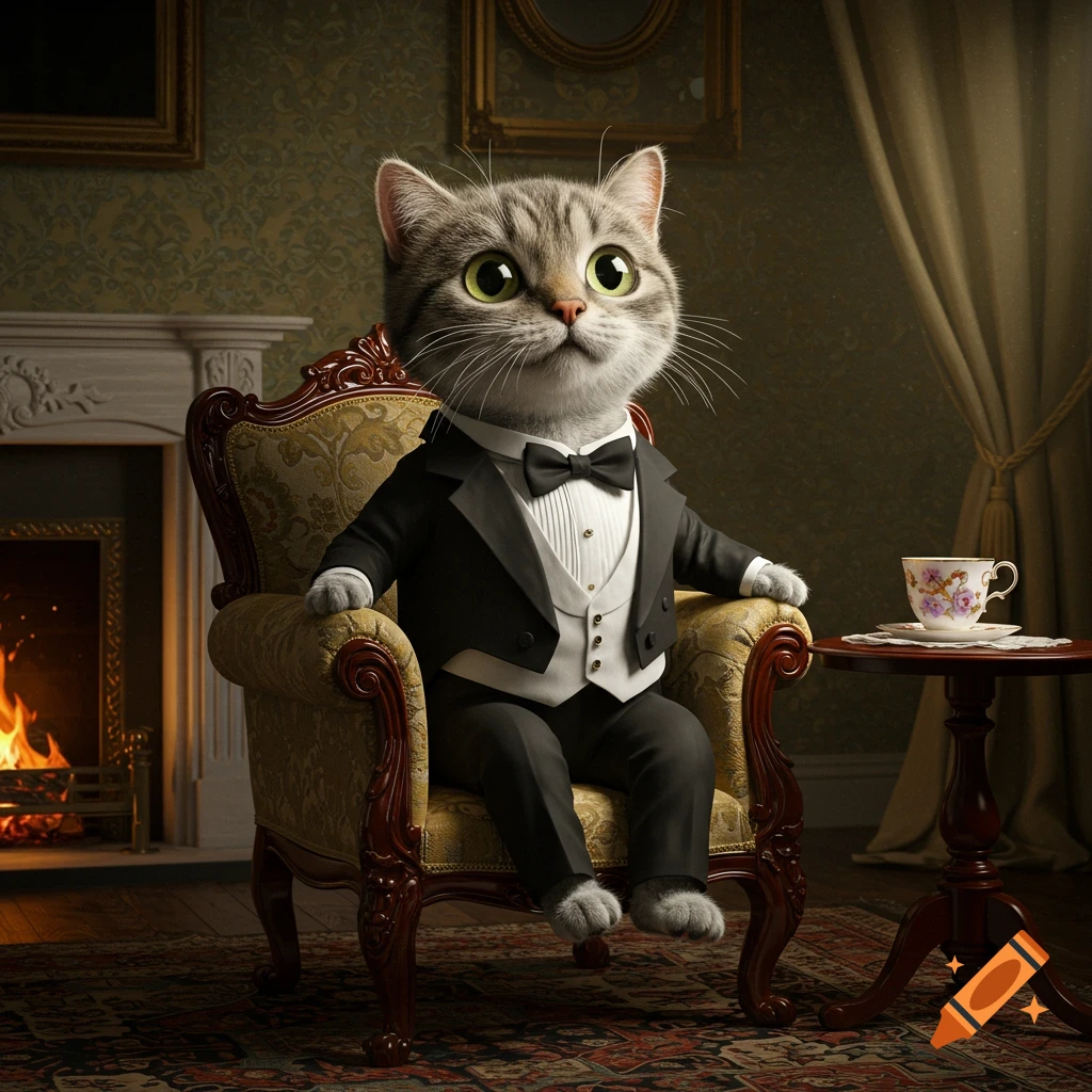 A cute, grey tabby cat in a black tuxedo and bow tie sits in a luxurious armchair in a dimly lit, ornate room with a fireplace.