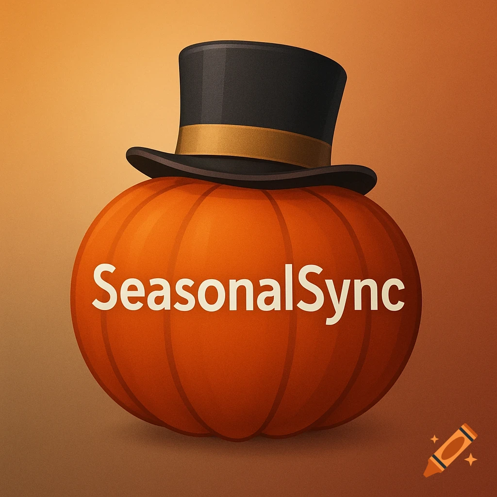 A stylized orange pumpkin wearing a black top hat with a gold band, featuring the white text "SeasonalSync" across its front, on an orange gradient background.
