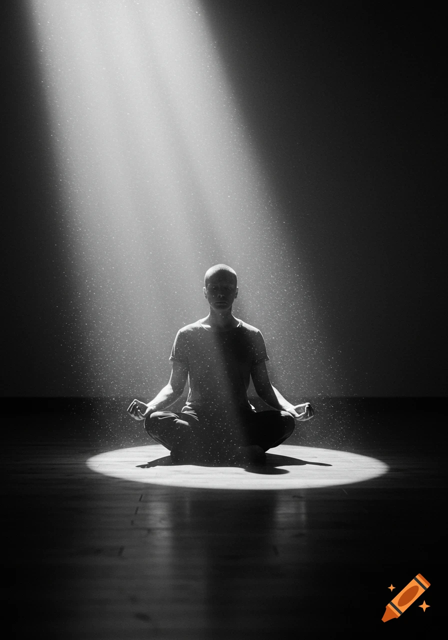 A bald person meditates in lotus position under a dramatic beam of light in a black and white image.