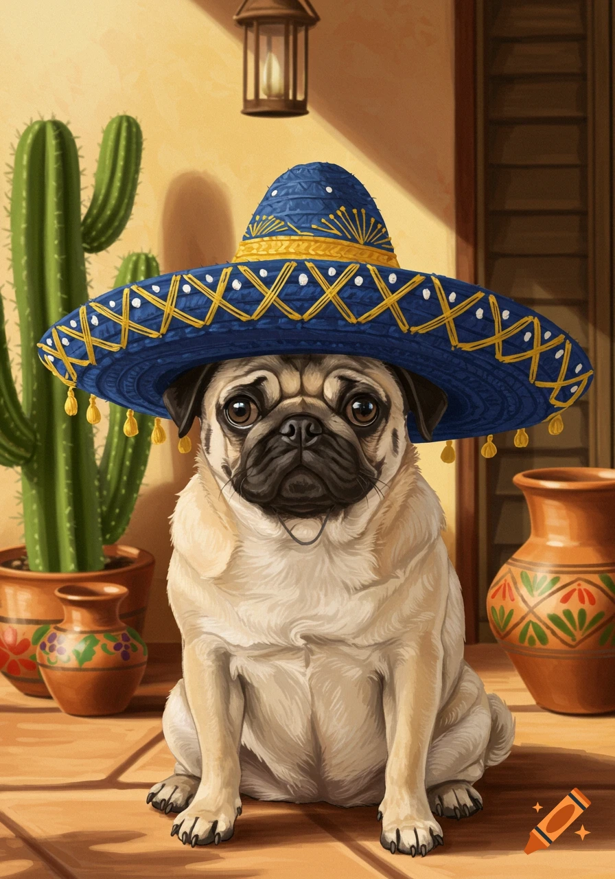 A charming illustration of a fawn pug wearing a blue sombrero, sitting on a tiled floor with cactuses and pottery.
