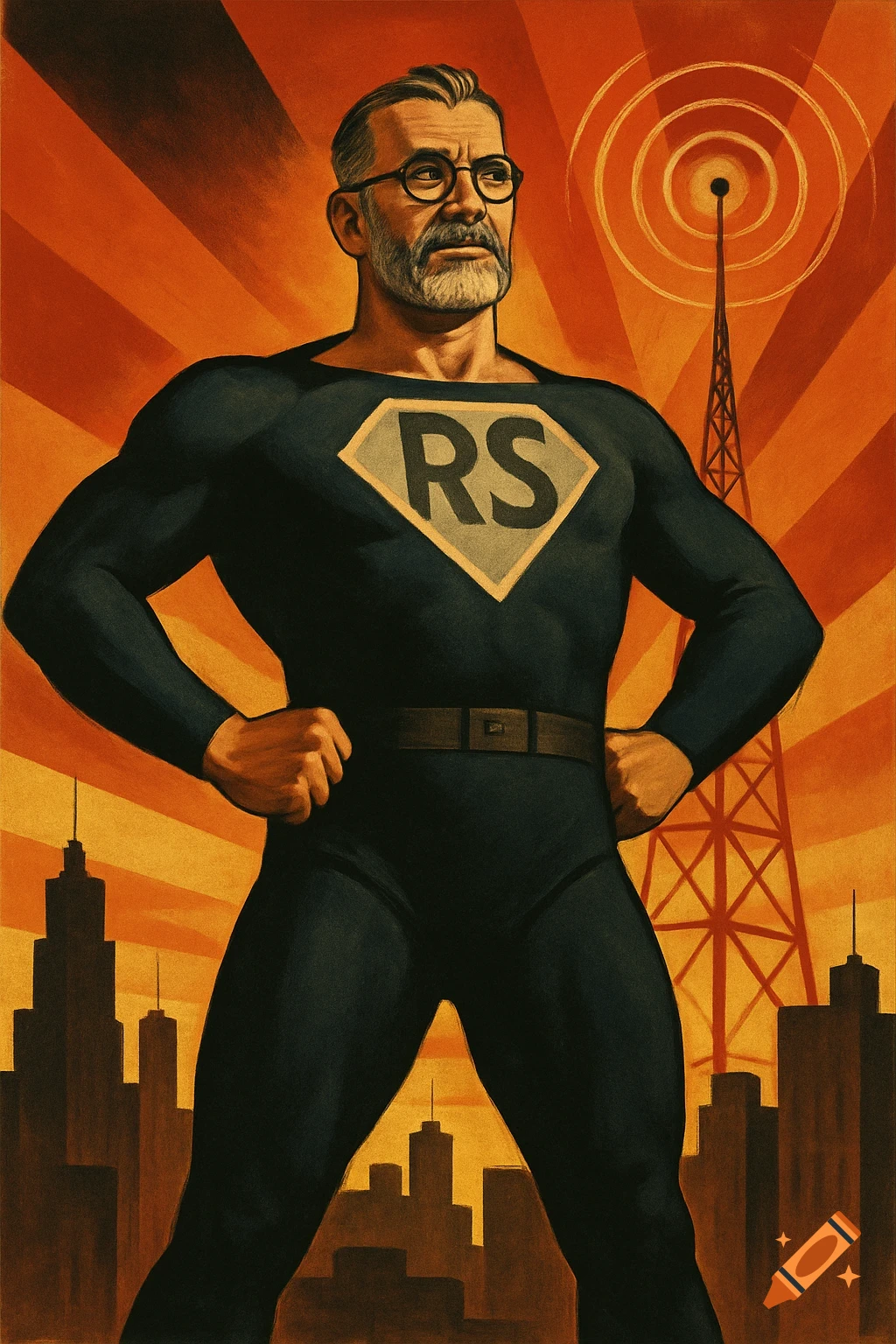 A superhero with glasses and a beard, wearing a dark blue suit with an 'RS' emblem, in a 1930s propaganda art style.