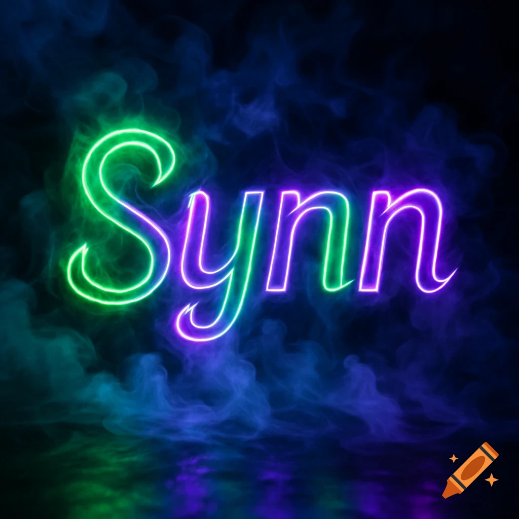 The word "Synn" rendered in vibrant green and purple neon lights, set against a dark, smoky background.