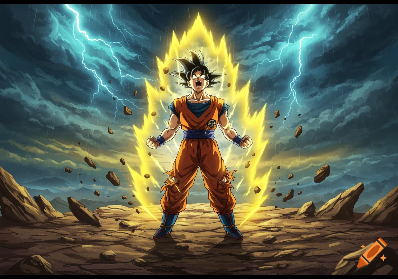 Anime style depiction of Goku as a Super Saiyan, powering up with a golden aura and lightning strikes in a stormy landscape.