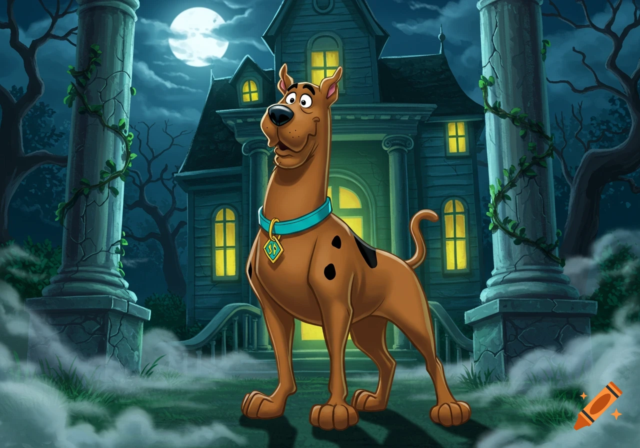 Cartoon illustration of Scooby-Doo standing in front of a spooky haunted house at night, with a full moon and fog.
