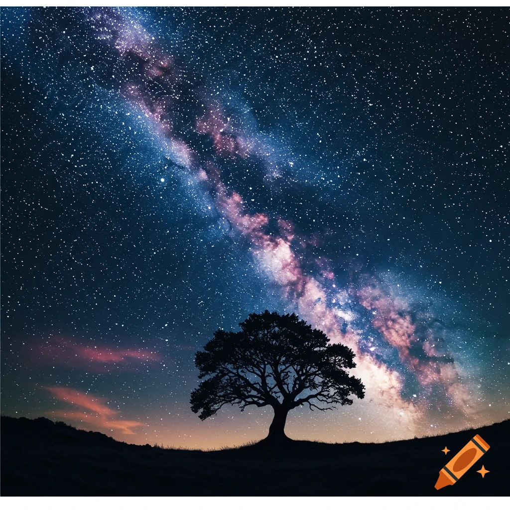 A solitary tree silhouetted against a vibrant night sky, with the ...