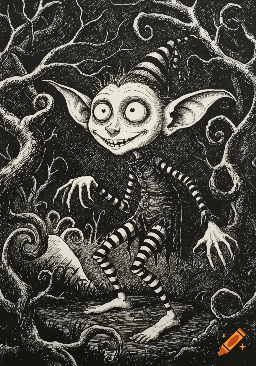 A black and white ink illustration in Tim Burton style, depicting a smiling goblin with big eyes, ears, and striped clothes in a twisted forest.