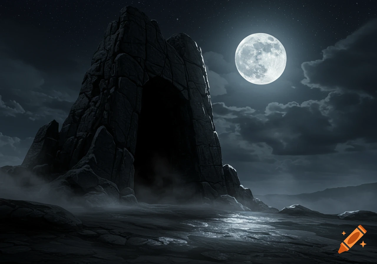 A dramatic night landscape featuring a dark, jagged stone cave entrance beneath a bright full moon, with mist on the ground.