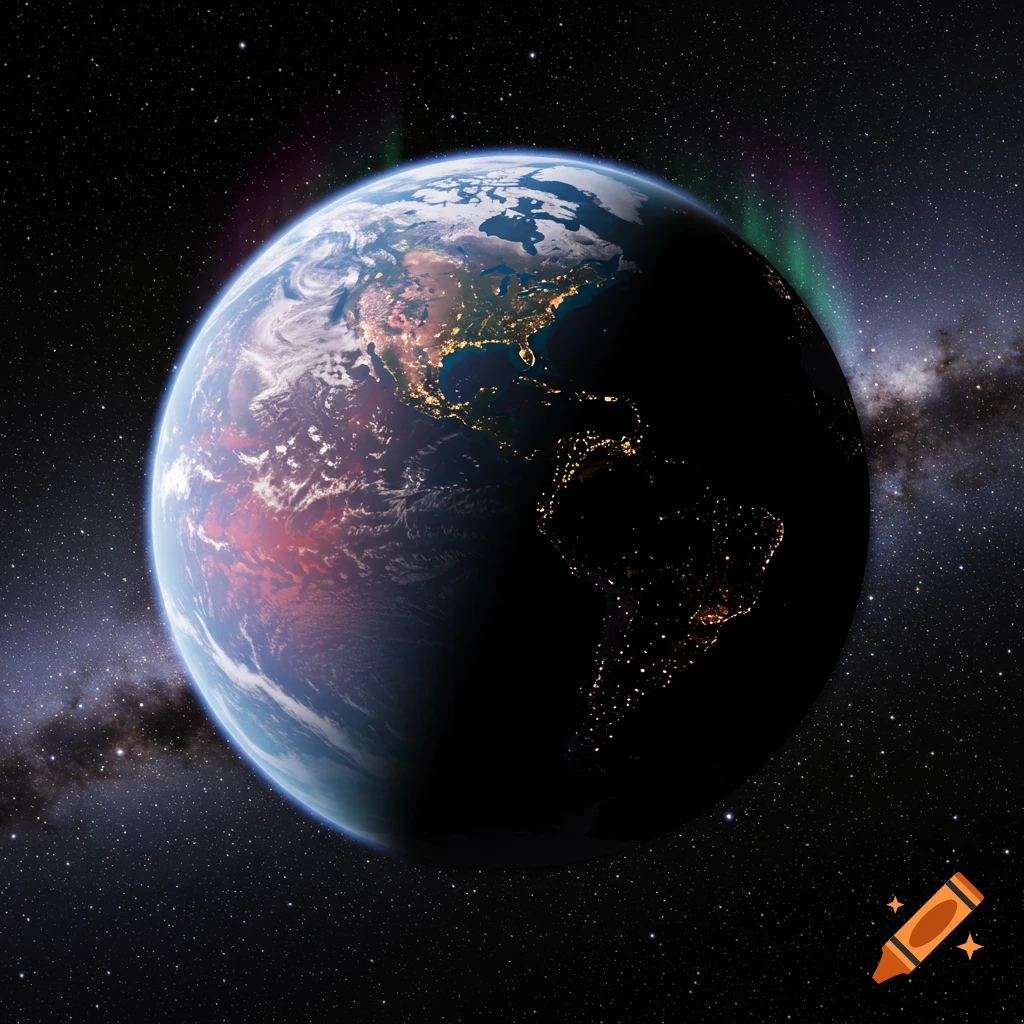 Photorealistic view of Earth from space, showing day and night over the Americas, city lights, clouds, and an aurora in a starry galaxy.