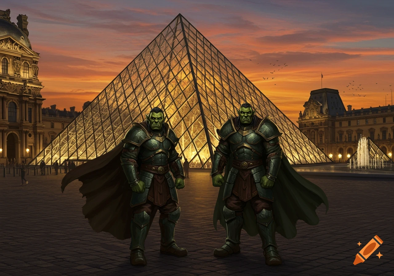 Two armored orcs stand in front of the Louvre Pyramid and museum at sunset.