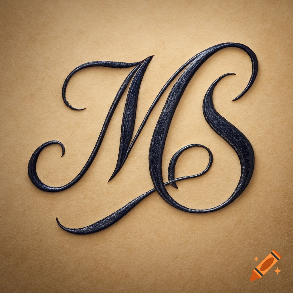 Elegant dark cursive letters M and S intertwined on a textured tan background.