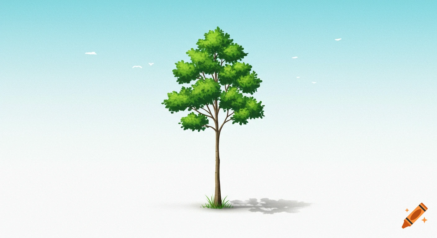 A stylized illustration of a green tree on a minimalist light blue and white gradient background with a small shadow.