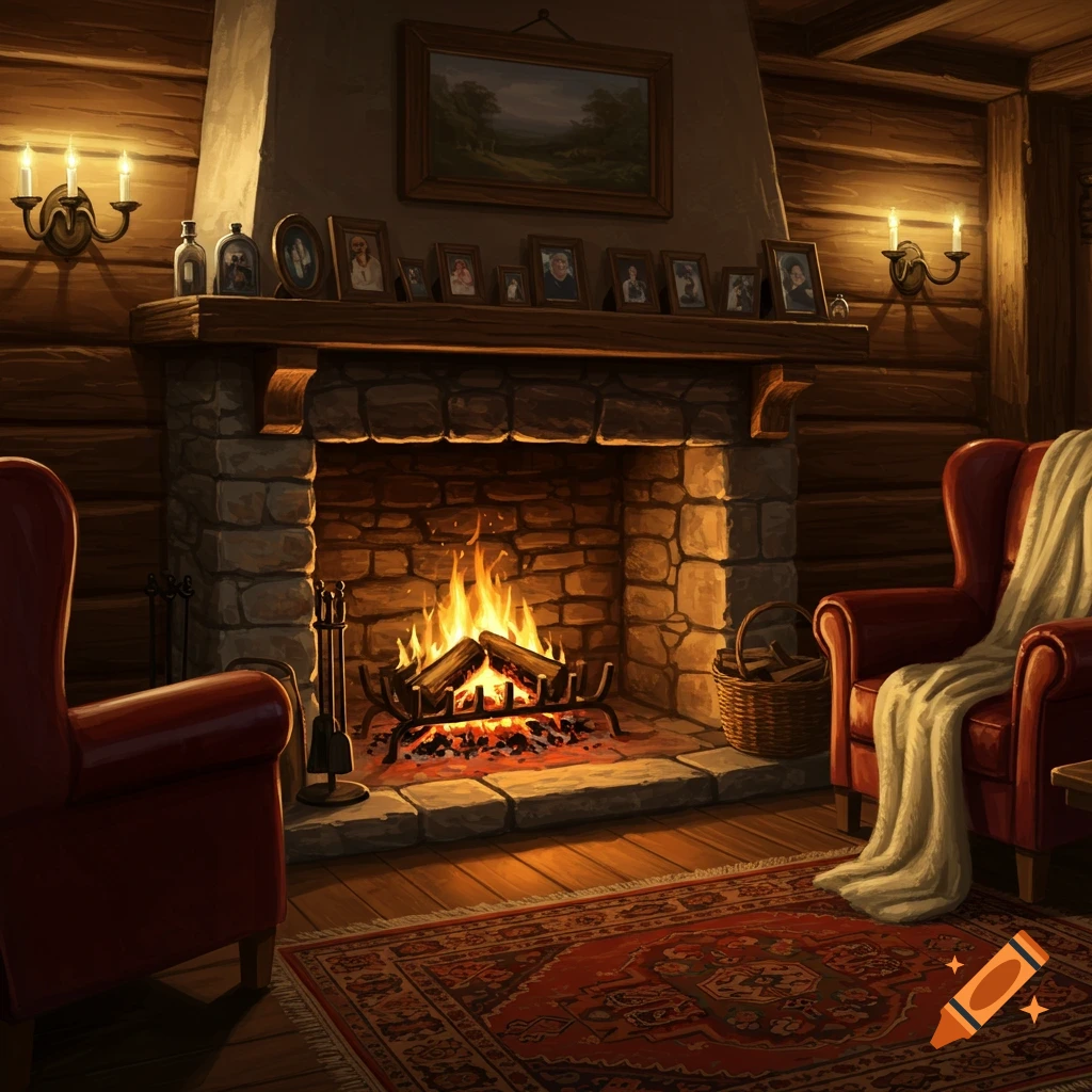 A warm and cozy log cabin interior features a roaring fire in a stone fireplace, flanked by two red armchairs.