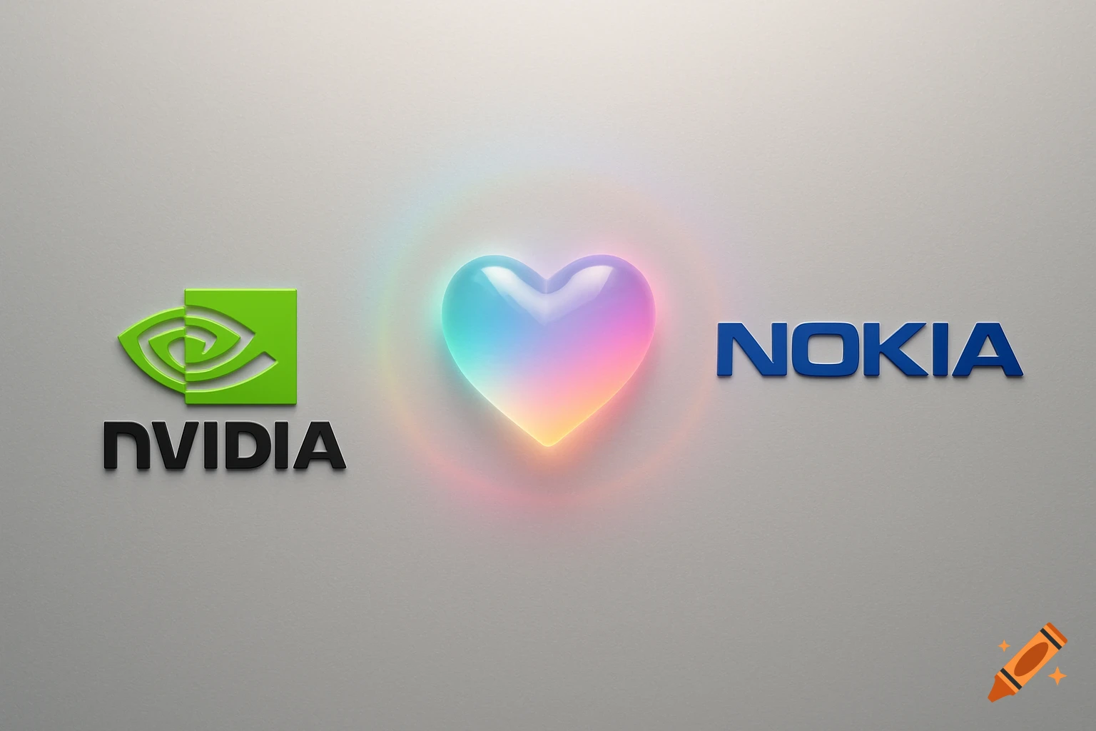 The NVIDIA logo, a glowing rainbow heart, and the NOKIA logo arranged horizontally on a light gray background.