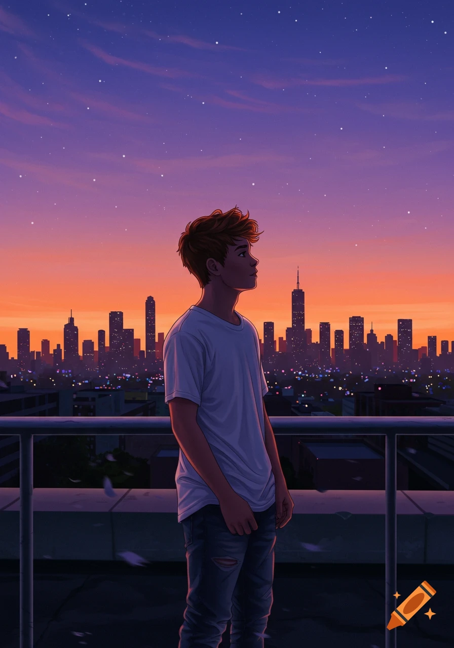 A young man stands on a rooftop, looking at the starry purple and orange sunset over a city skyline.