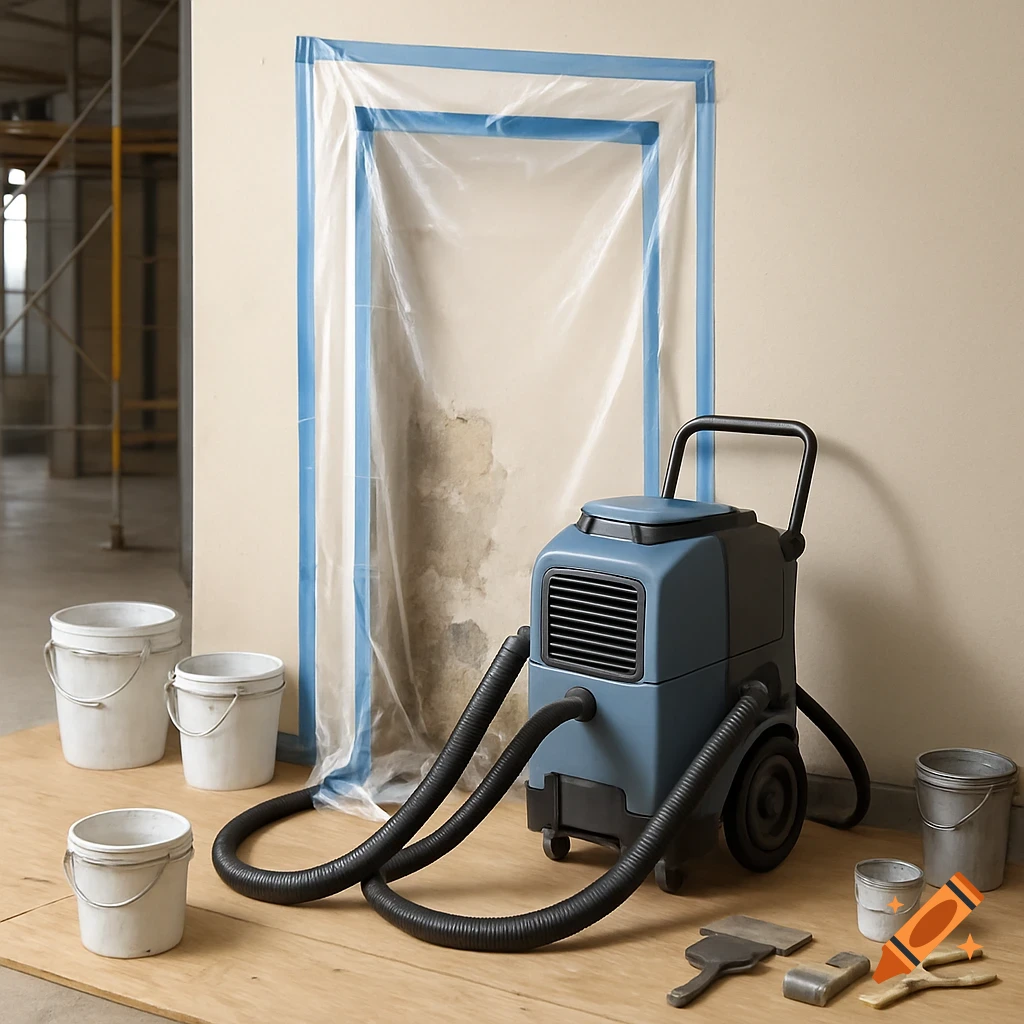 A construction scene showing a portable dehumidifier with hoses, buckets, and tools on a wooden floor in front of a plastic-taped damaged wall.