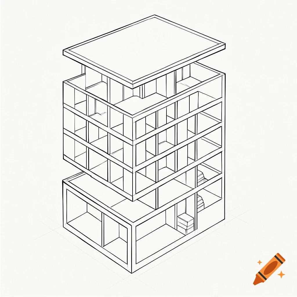 A black-and-white isometric architectural blueprint sketch of a multi-story building with a cutaway view showing internal rooms and a rooftop.