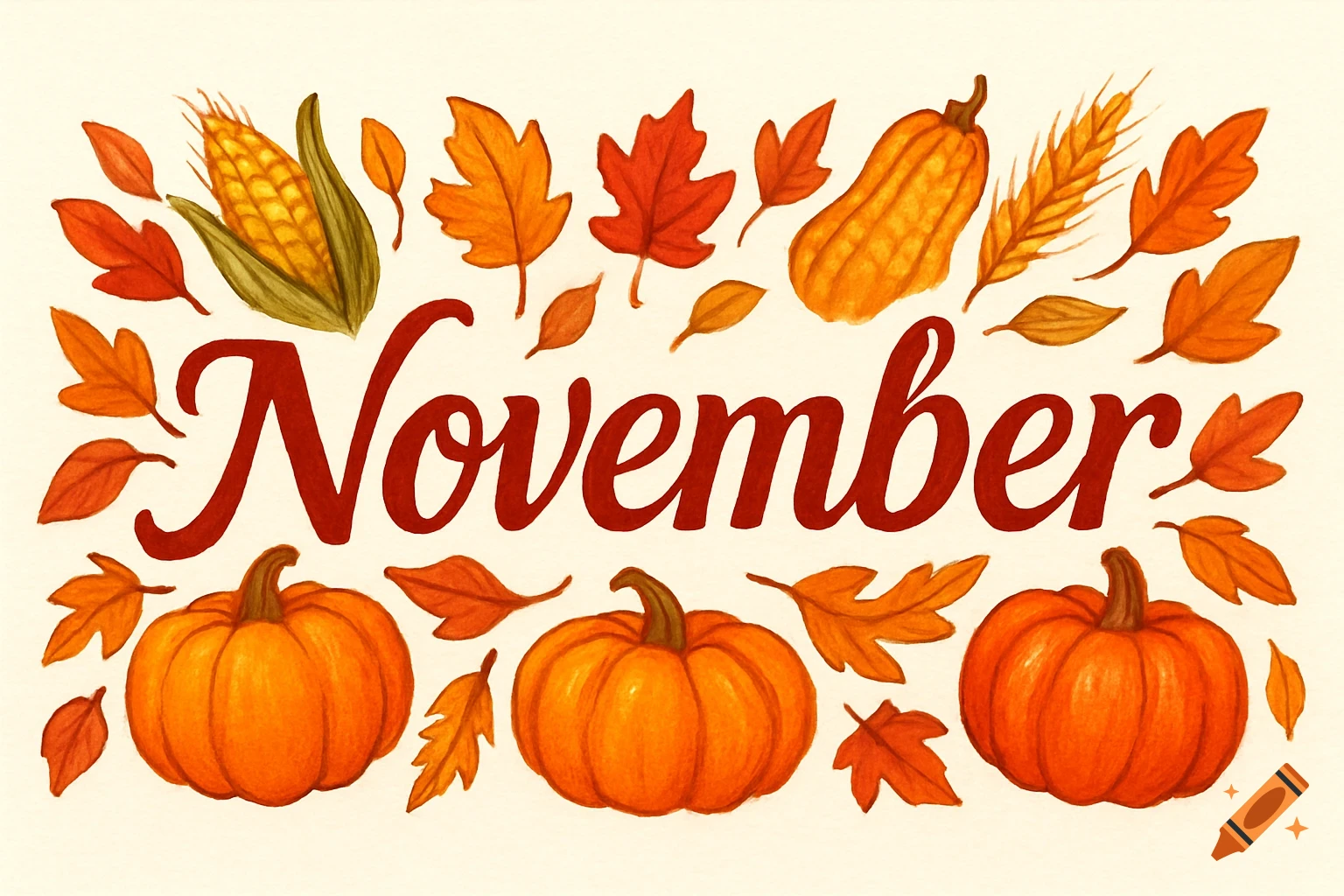 Watercolor illustration of the word November surrounded by pumpkins, autumn leaves, corn, and squash.