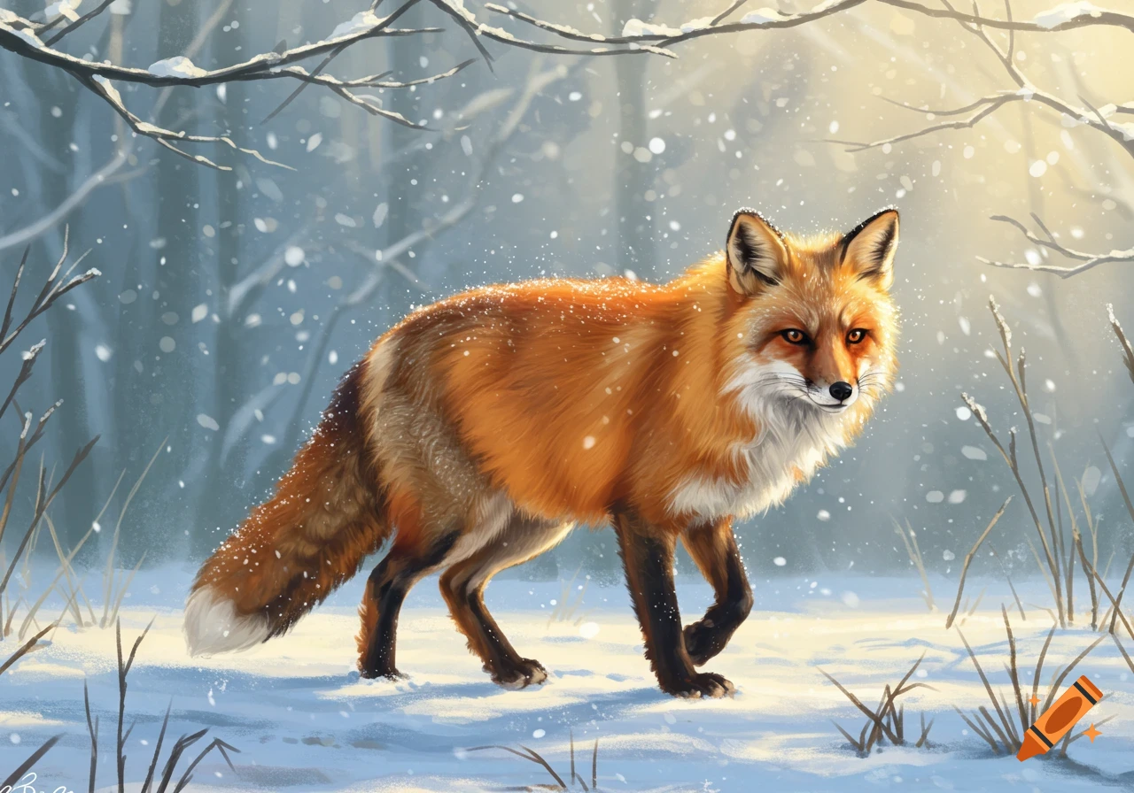 Digital painting of a vibrant orange fox with a white chest walking ...