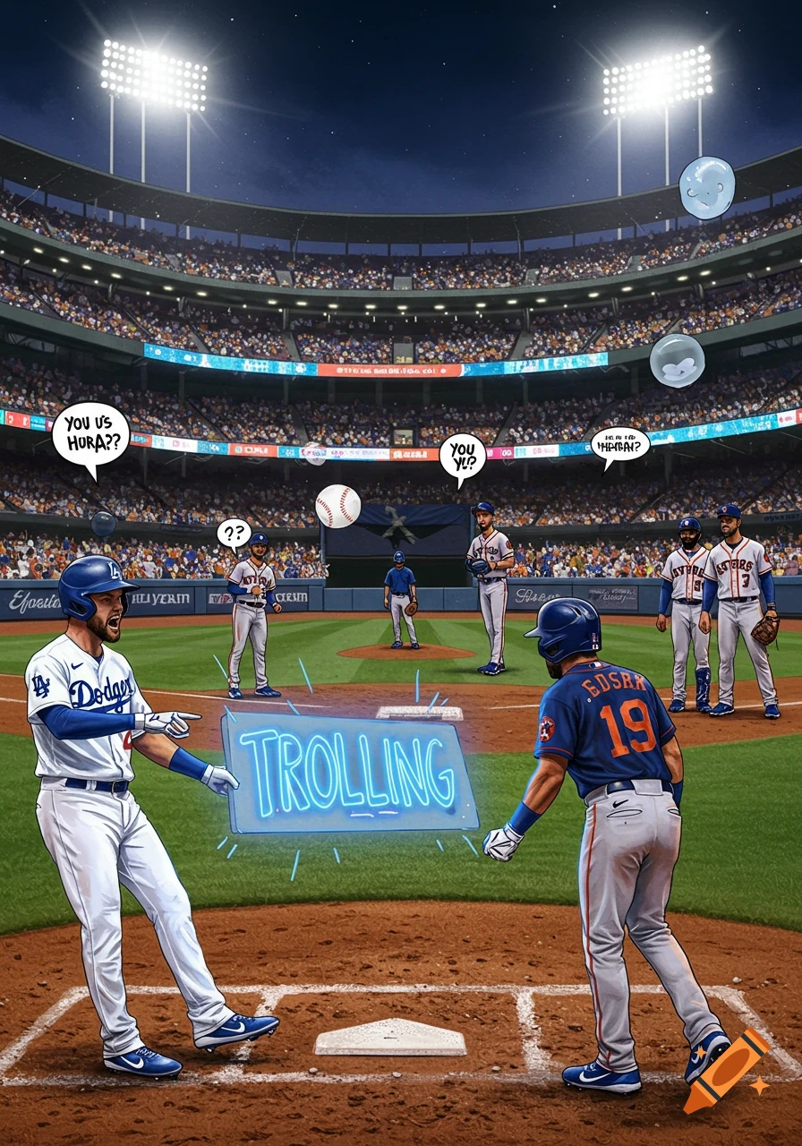 Cartoon image of a Dodgers player pointing at a glowing "TROLLING" sign on the ground toward a Houston Astros player in a baseball stadium.