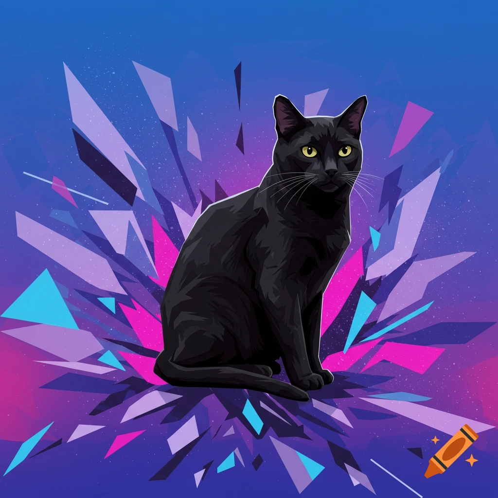 A sleek black cat with yellow eyes sits centered amidst vibrant purple, blue, and pink geometric shards in a vector-style illustration.