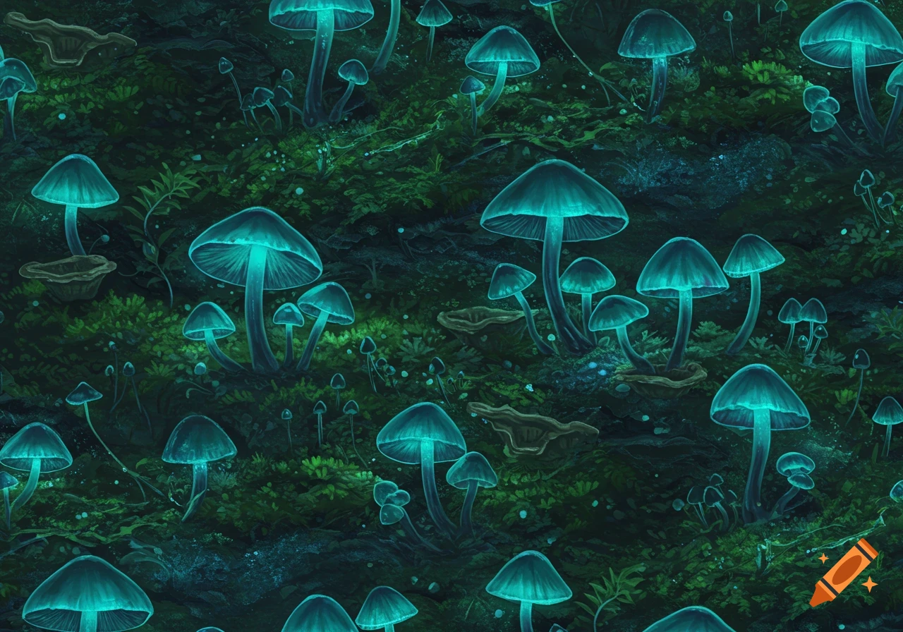 Repeating texture of a dark forest floor covered in glowing blue-green mushrooms and moss, creating a mystical atmosphere.