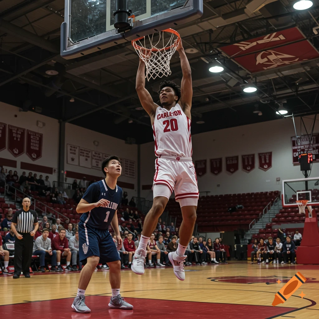 A basketball player in a white Carleton University jersey dunks the ball while another player looks on during a game.