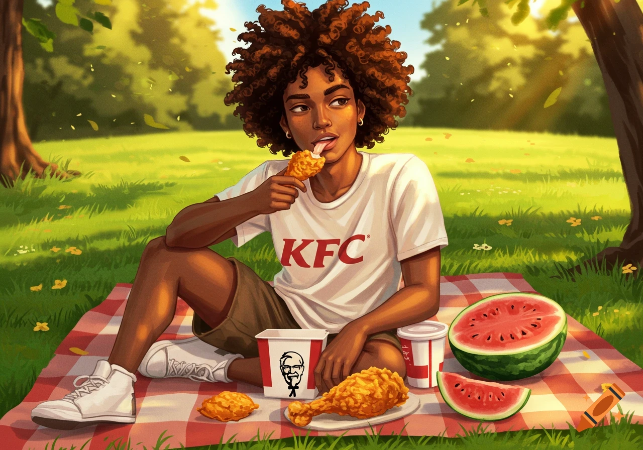 An illustrated person with curly hair enjoys a KFC picnic with watermelon on a checkered blanket in a sunny park.