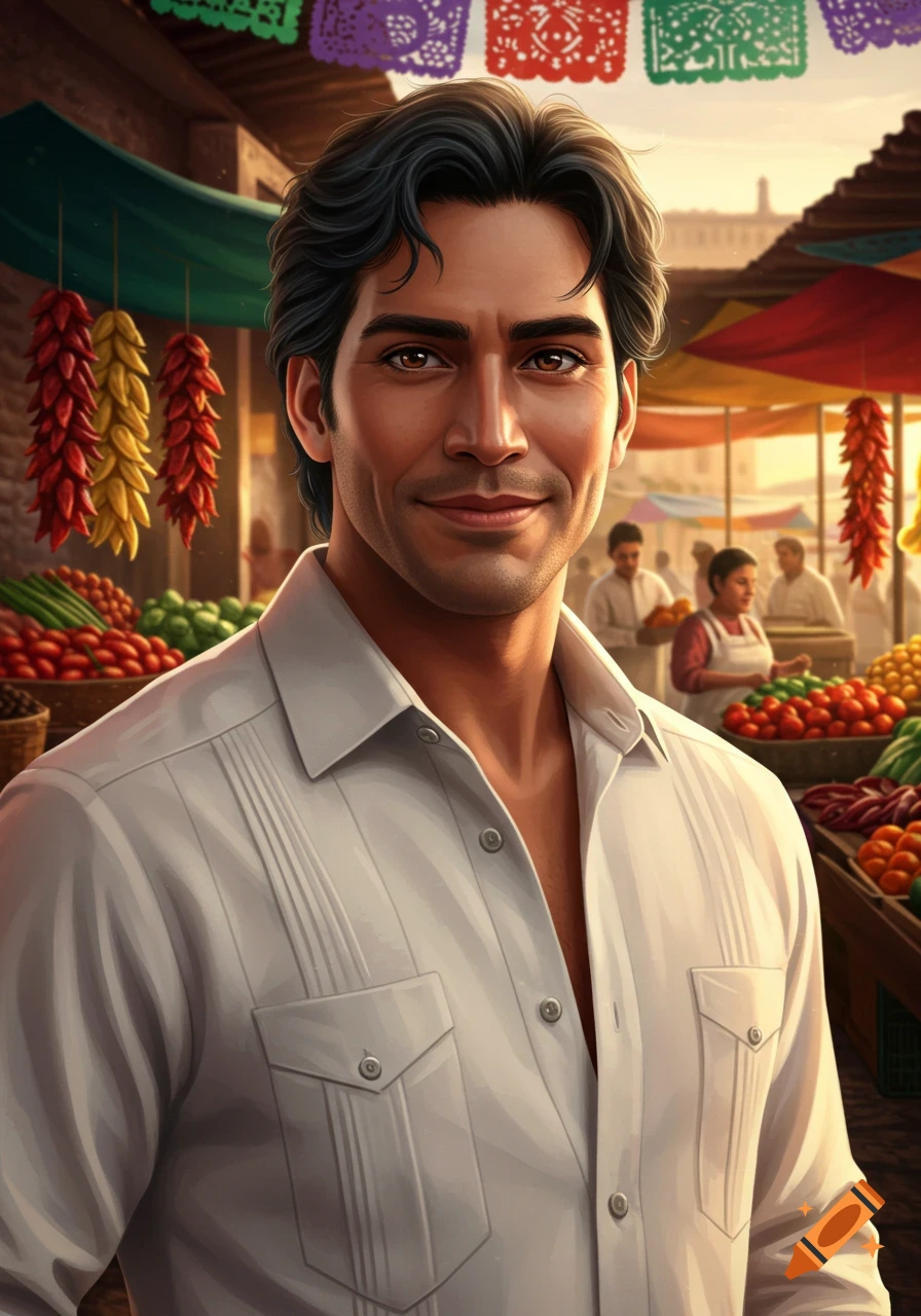 A handsome man in a white guayabera smiles in a vibrant Mexican street market with peppers and vegetables.