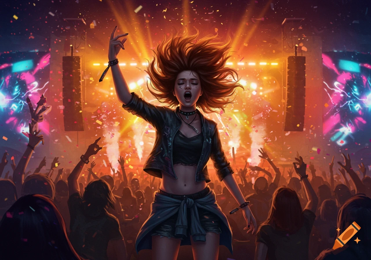 Vibrant digital art of a girl with wild brown hair singing at a lively music festival with confetti and bright lights.