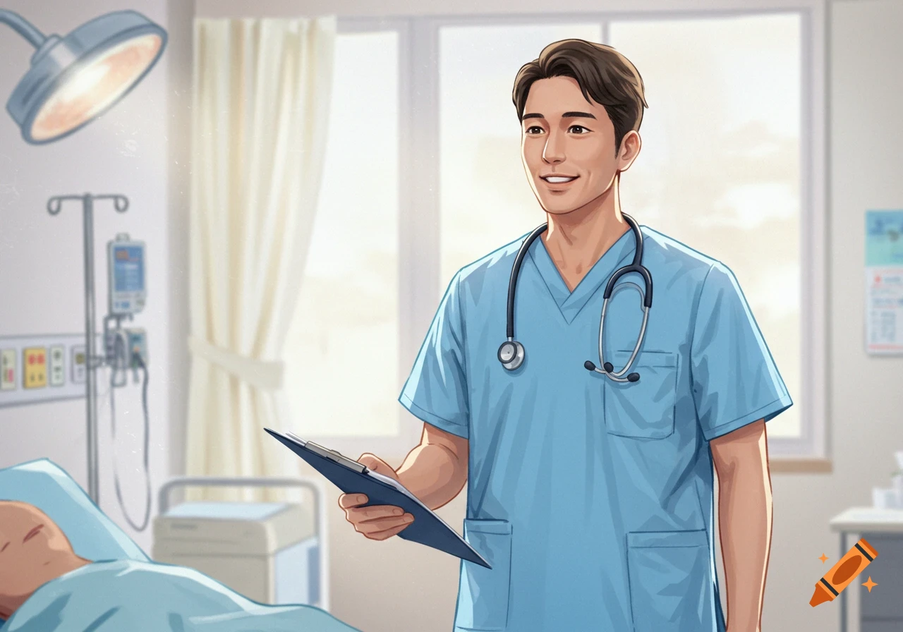 A young male nurse in blue scrubs with a stethoscope holds a clipboard, smiling in a hospital room with a patient.