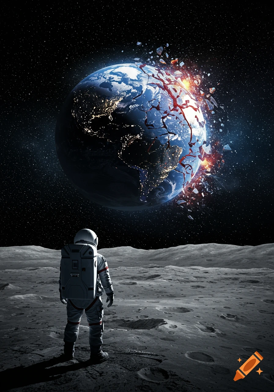 An astronaut stands on the moon's surface, looking back at a shattering, exploding Earth in space.