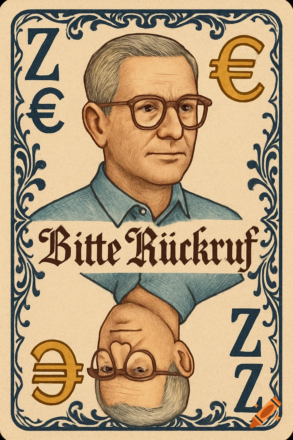 An illustrative playing card resembling a Skat jack of clubs, featuring a man with gray hair and glasses, with 'Z' and ' ' symbols and 'Bitte R ckruf' text.