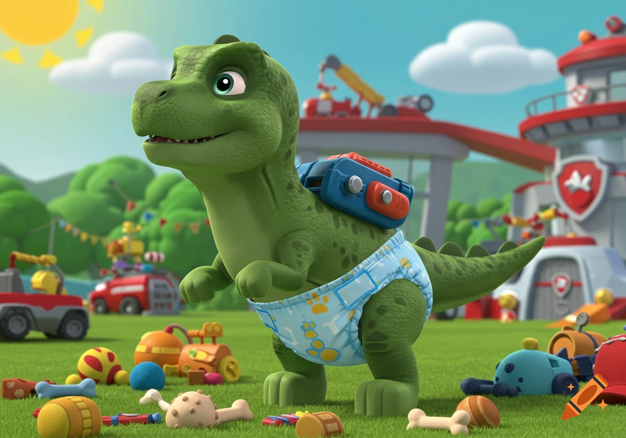 A cute green cartoon T-Rex wearing a blue diaper and backpack stands in a grassy field with Paw Patrol buildings and toys.