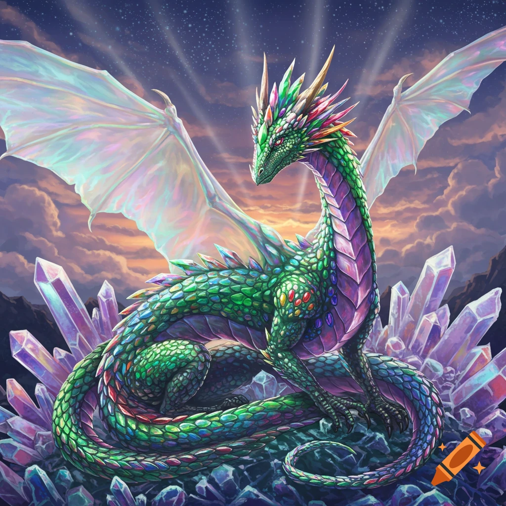 A vibrant, jewel-toned dragon with large iridescent wings sits among glowing purple crystals under a starry, cloudy sky.