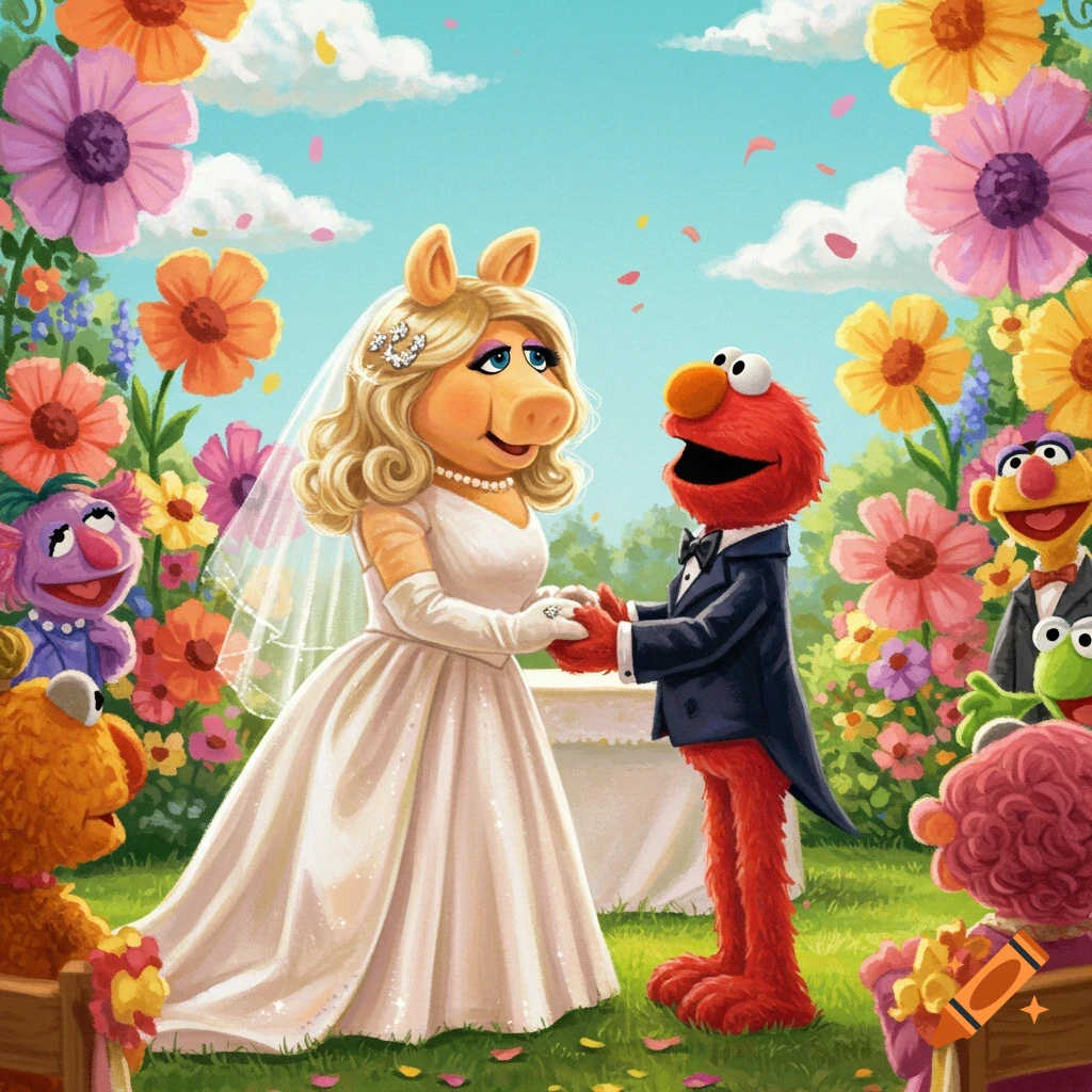 Miss Piggy in a wedding dress and Elmo in a tuxedo hold hands at an outdoor ceremony, surrounded by colorful flowers and other Muppet characters, in a vibrant cartoon style.