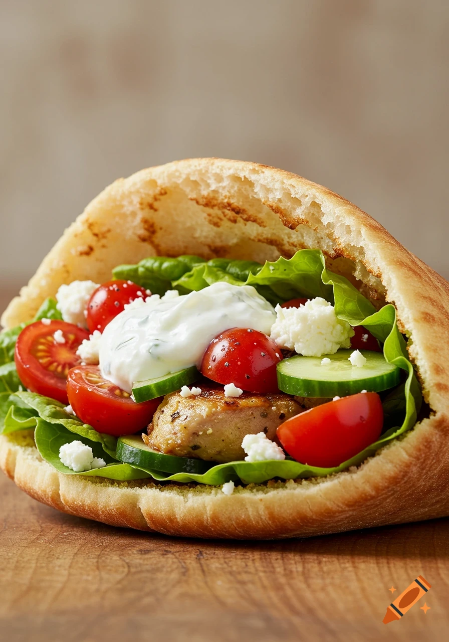 A close-up of an overstuffed pita bread filled with crisp lettuce, sliced tomatoes, cucumbers, seasoned chicken pieces, crumbled feta cheese, and a dollop of creamy tzatziki.