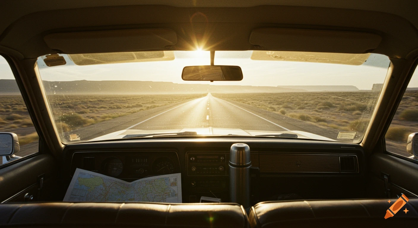 View from the backseat of a classic car through a dusty windshield, showing a long highway stretching towards a hazy sunset over a desert.