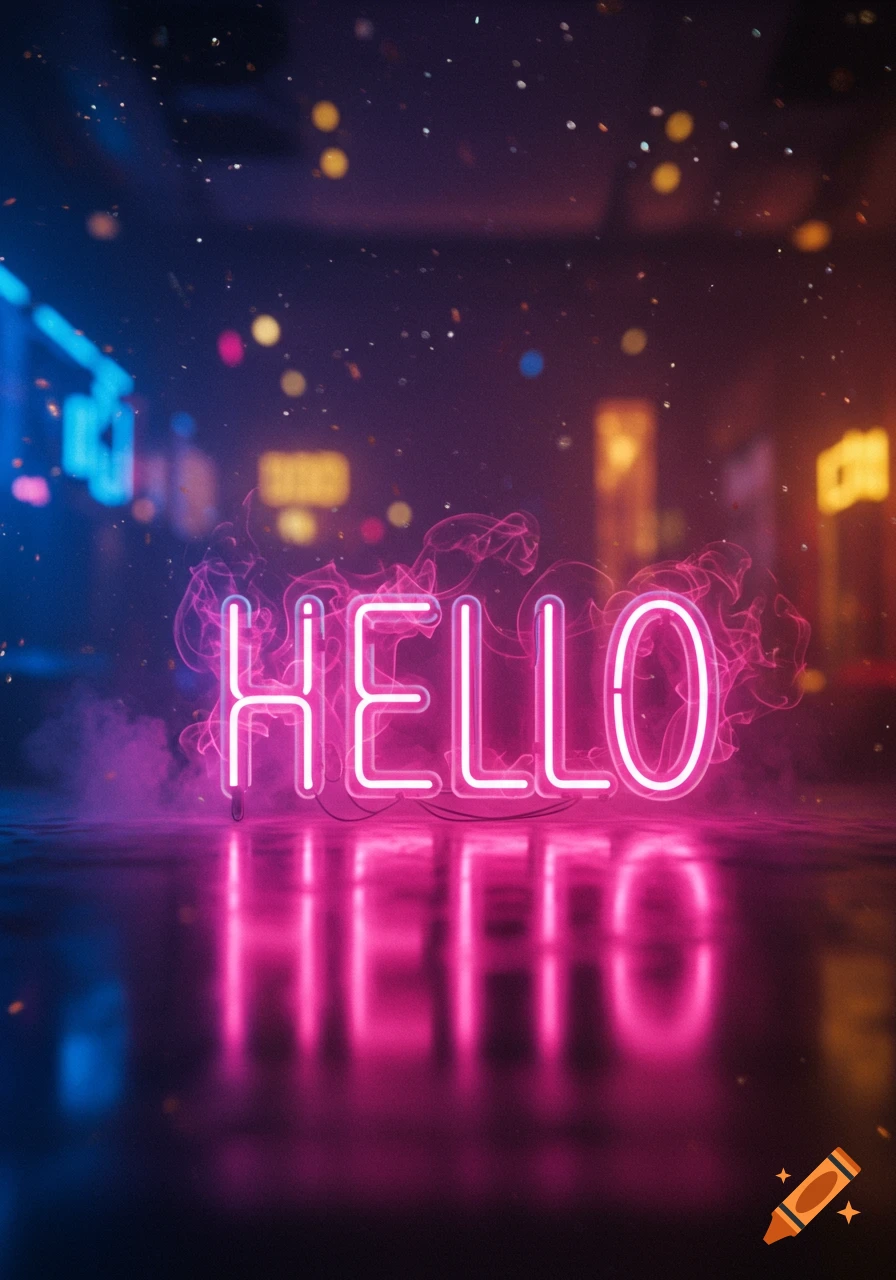 A pink neon sign spelling "HELLO" glows intensely in a dark, atmospheric setting with smoke, bokeh lights, and reflections on a wet surface.