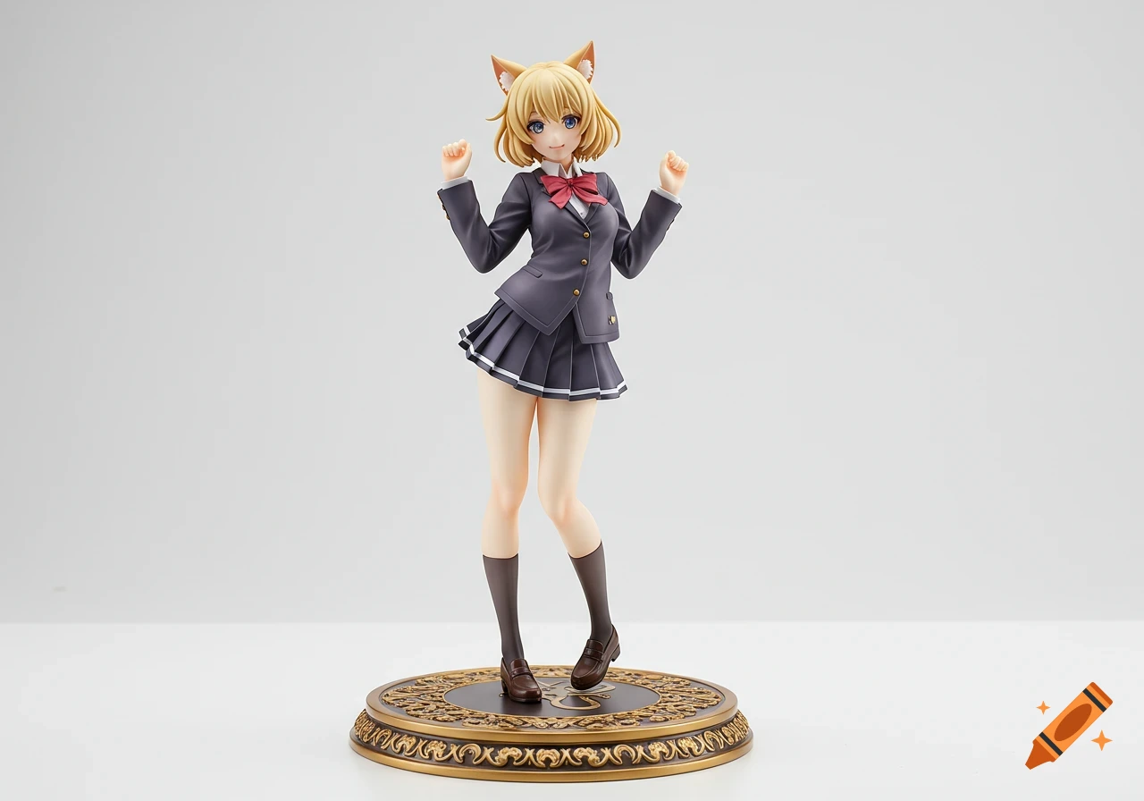 A realistic 1/7 scale figure of an anime catgirl with blonde hair, blue eyes, wearing a dark school uniform and red bow, standing cheerfully on a golden base against a white background.