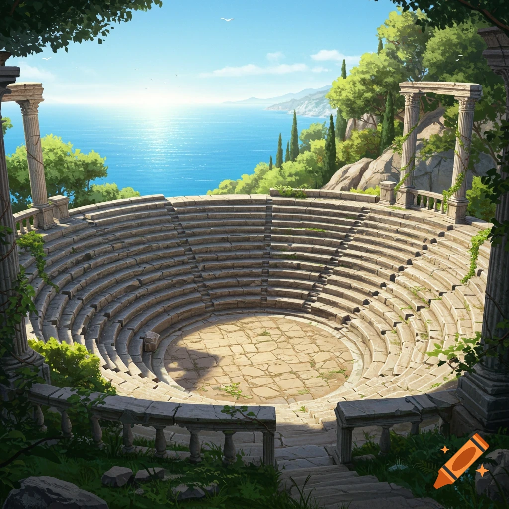 An ancient stone amphitheater overlooks a bright blue sea and a lush green coastline under a clear sky, rendered in an illustrative style.