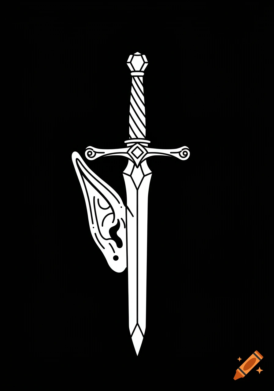 Stylized black and white illustration resembling a tattoo design, featuring a sword piercing an elf ear.