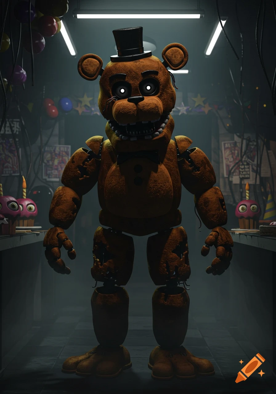 A dark brown animatronic bear with a top hat and glowing white eyes stands in a dimly lit, cluttered room with party decorations and wires.