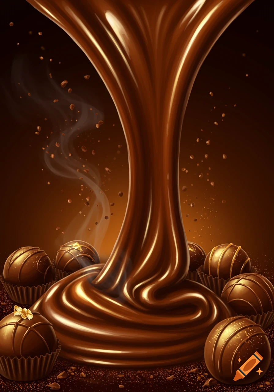 Molten chocolate pouring over chocolate truffles, surrounded by cocoa dust and steam on a warm brown background.