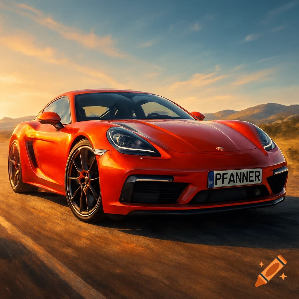 A bright orange sports car with a "PFANNER" license plate drives on a dirt road at sunset, with mountains in the background. Photorealistic style.