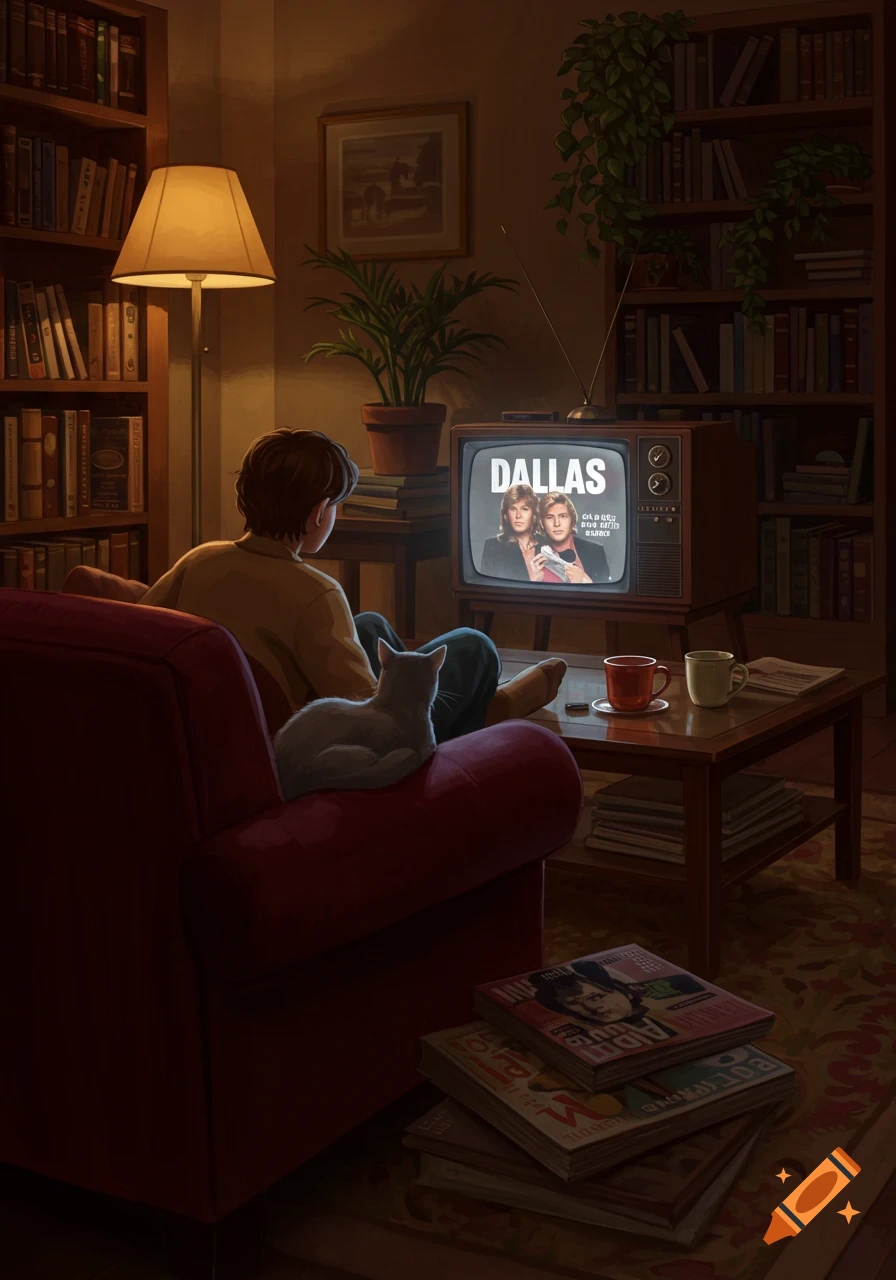 A person and a white cat relax on a red armchair, watching the retro TV show "Dallas" in a dimly lit, cozy living room filled with bookshelves.
